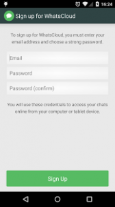 Pantalla de registro de la aplicación para enviar WhatsApp